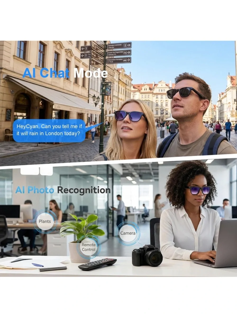 AI smart Glasses with camera, 8MP HD Bluetooth camera glasses 1080P video record